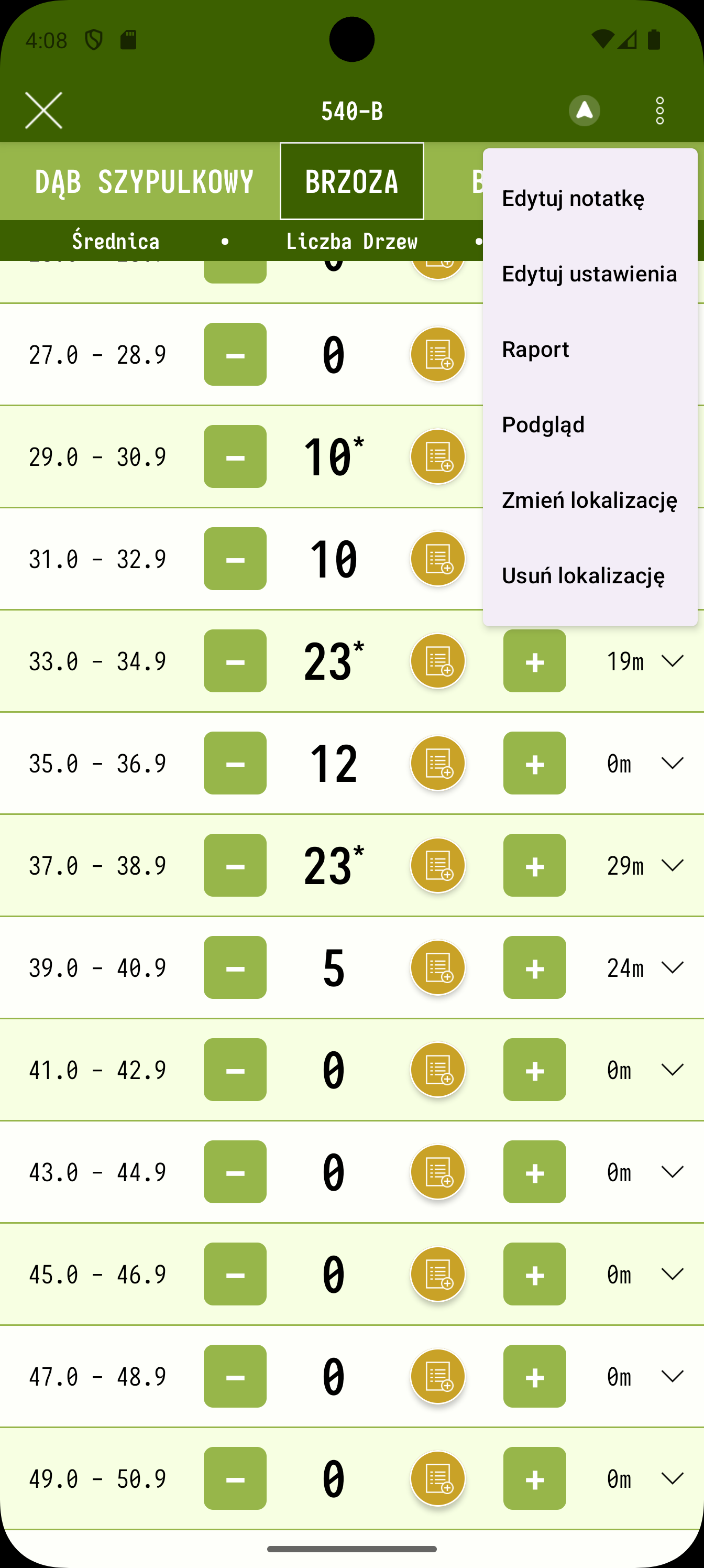 Menu akcji szacunku
